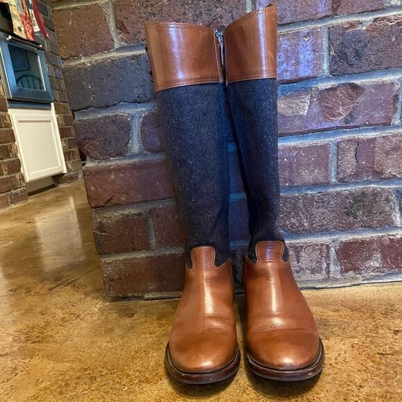 Tory burch Brown leather and Grey wool flannel Lowell Riding Boots sz 10.5 - Picture 3 of 12